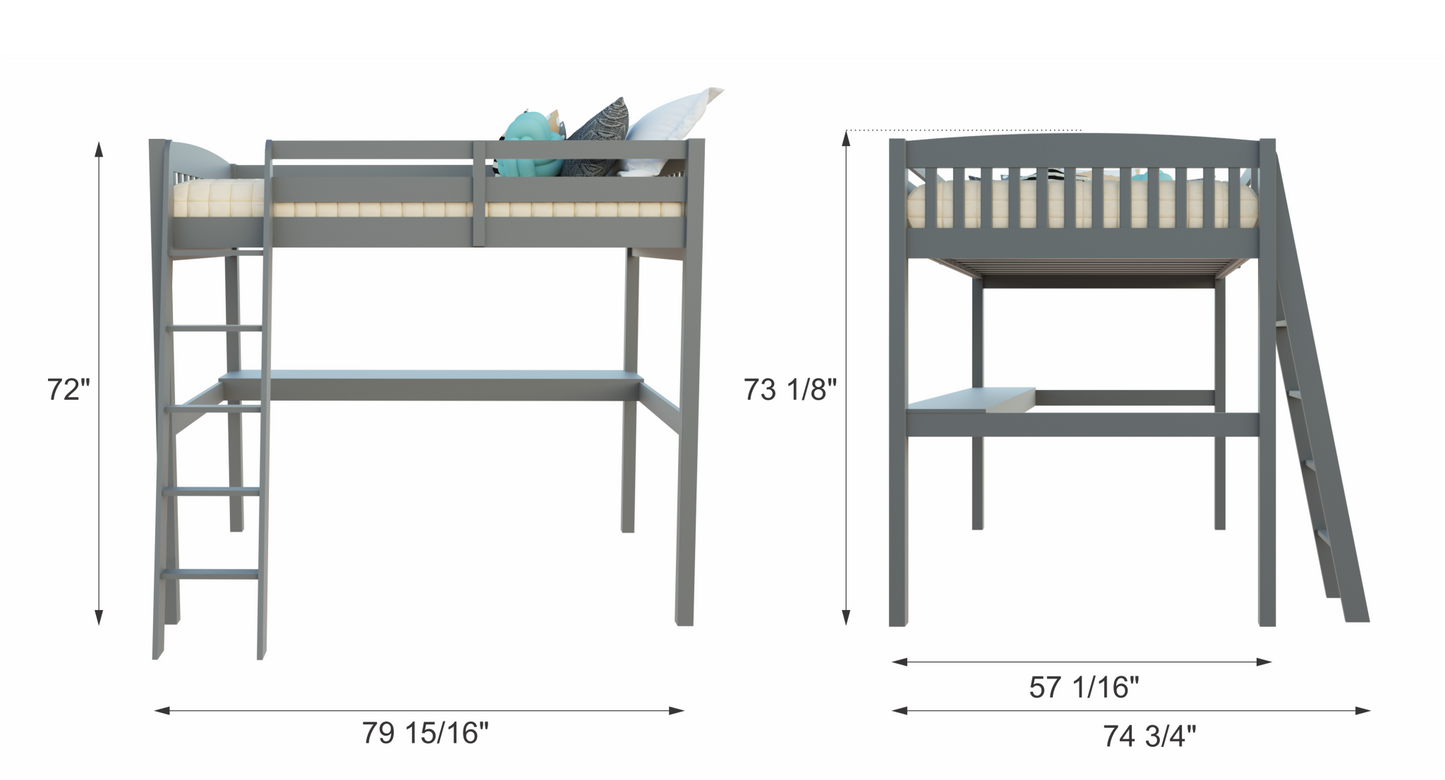 White Solid Wood Full Double Size Loft Bed with Desk and Storage