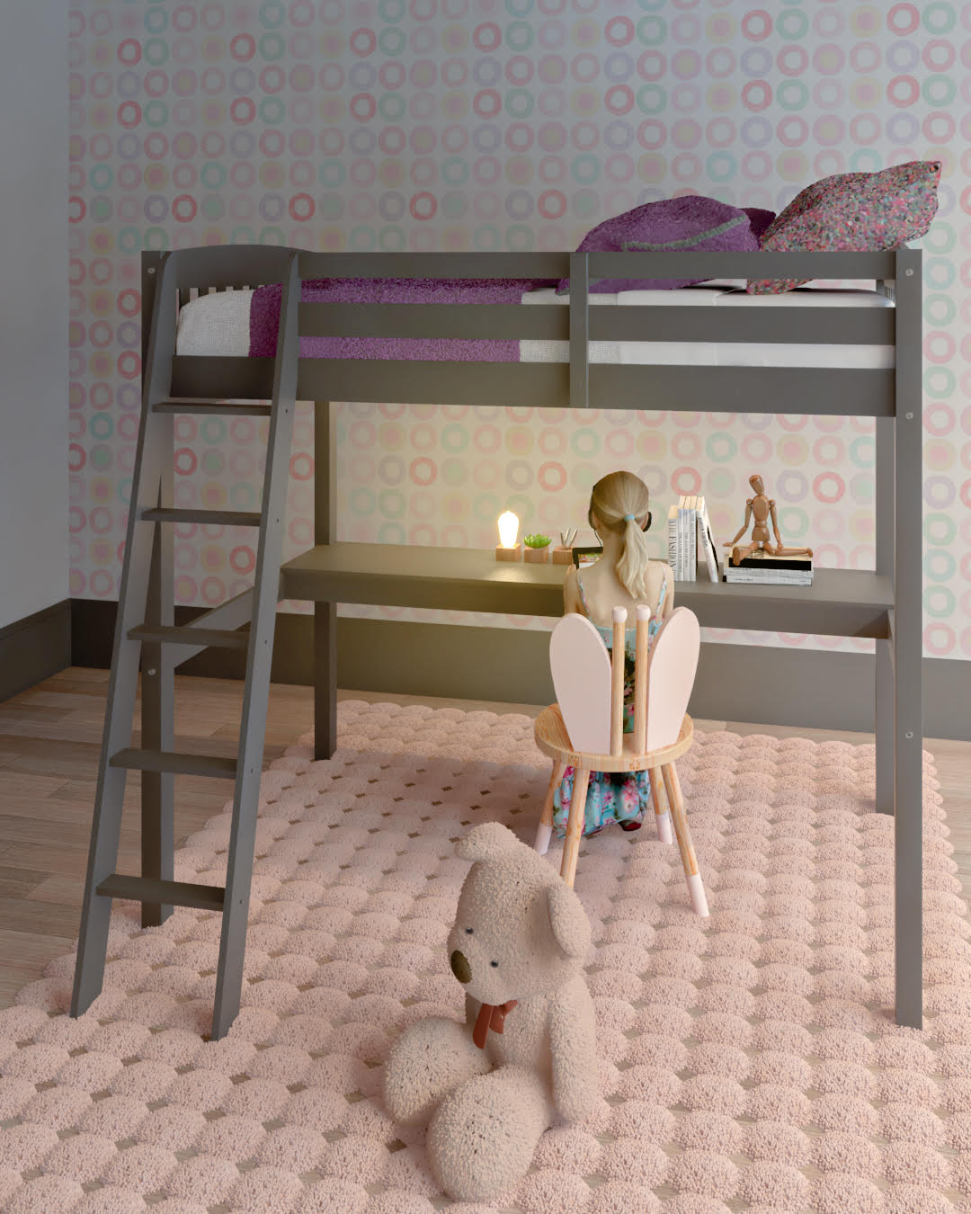 White Solid Wood Full Double Size Loft Bed with Desk and Storage
