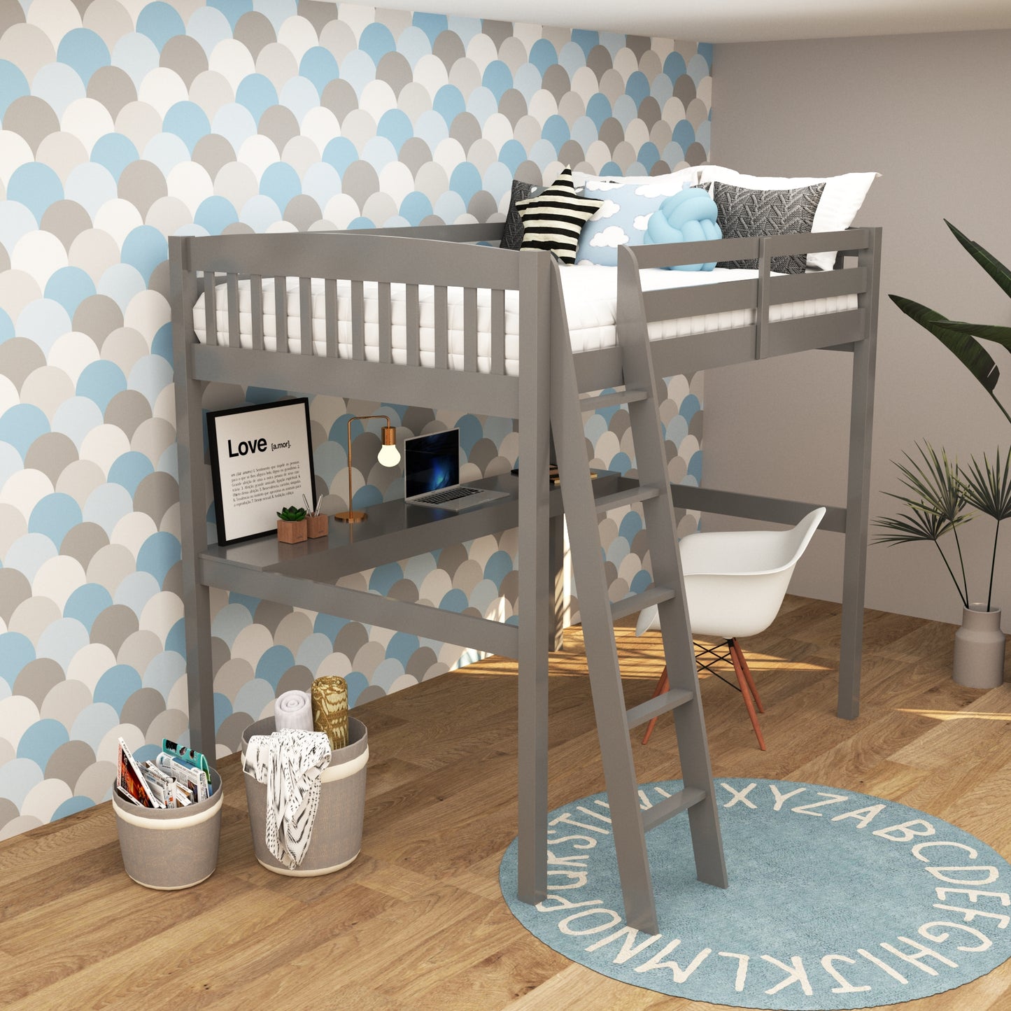White Solid Wood Full Double Size Loft Bed with Desk and Storage