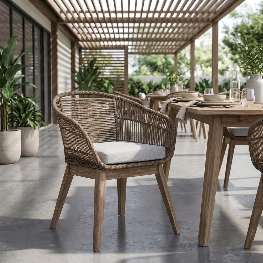 27" Gray and Natural Wood Solid Wood Outdoor Dining Chair with Gray Cushion