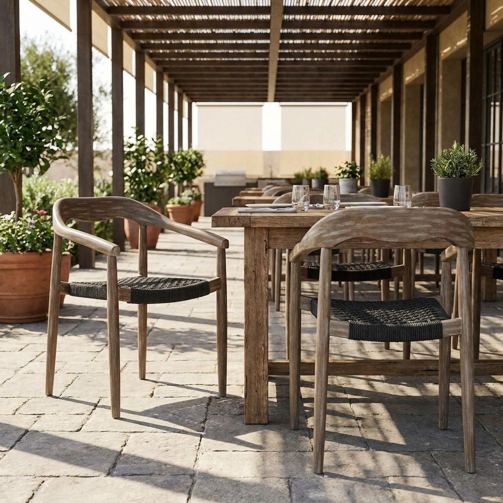 Set of Two 22" Black and Natural Wood Solid Wood Outdoor Dining Chairs