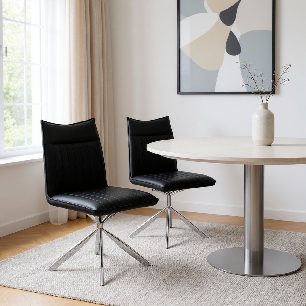 Set of Two Tufted Black And Silver Upholstered Faux Leather Dining Parsons Chairs