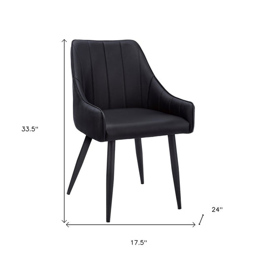 Set of Two Tufted Black Upholstered Faux Leather Dining Arm Chairs