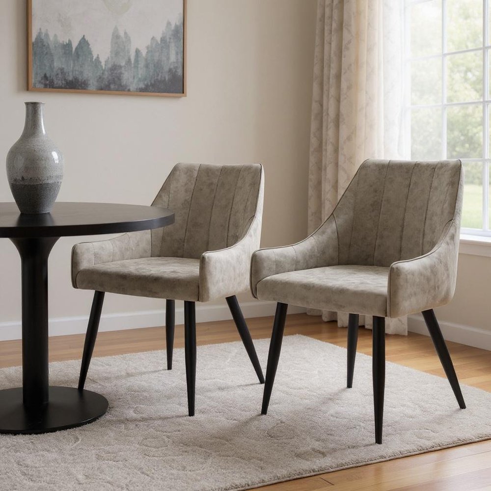 Set of Two Tufted Taupe And Black Upholstered Fabric Dining Arm Chairs
