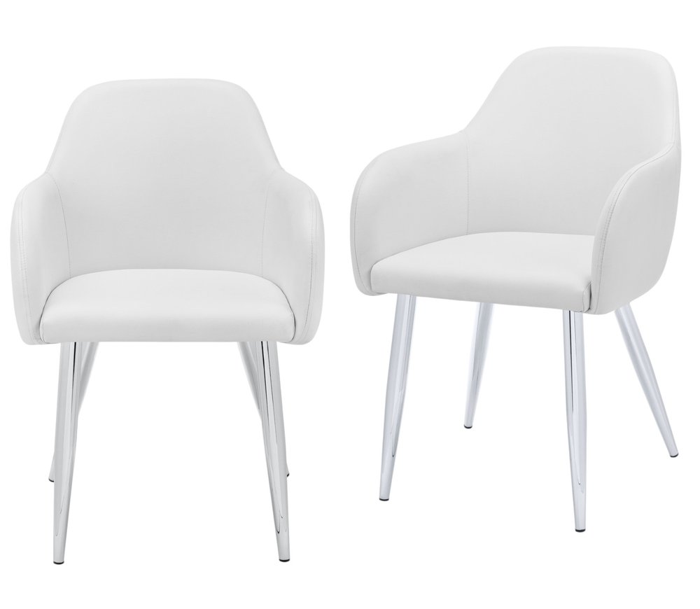 Set of Two White And Silver Upholstered Faux Leather Dining Arm Chairs