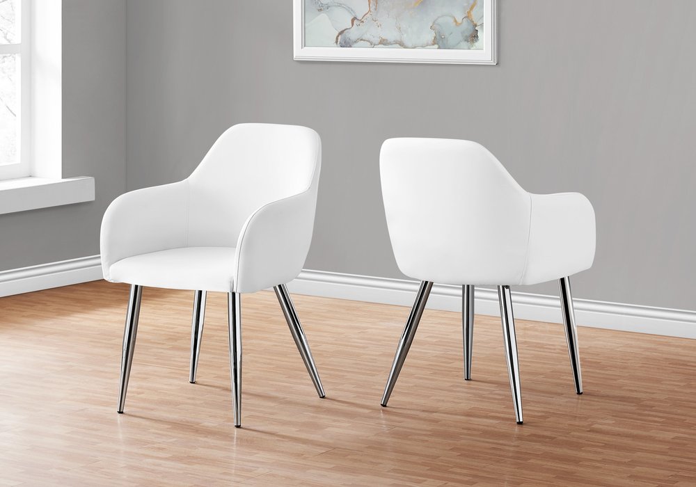 Set of Two White And Silver Upholstered Faux Leather Dining Arm Chairs