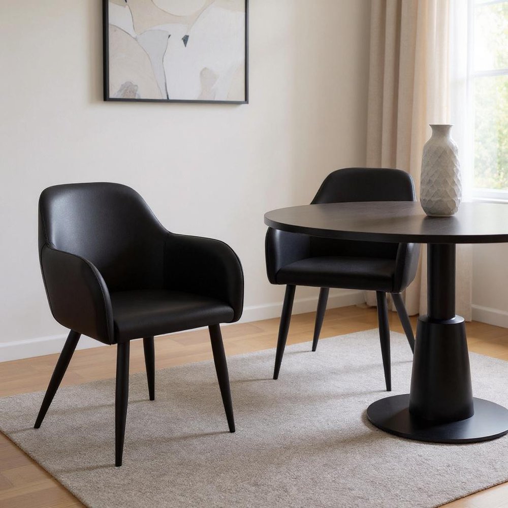 Set of Two Black Upholstered Faux Leather Dining Arm Chairs