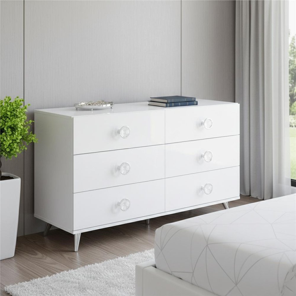 47" White Finish Manufactured Wood Six Drawer Double Dresser