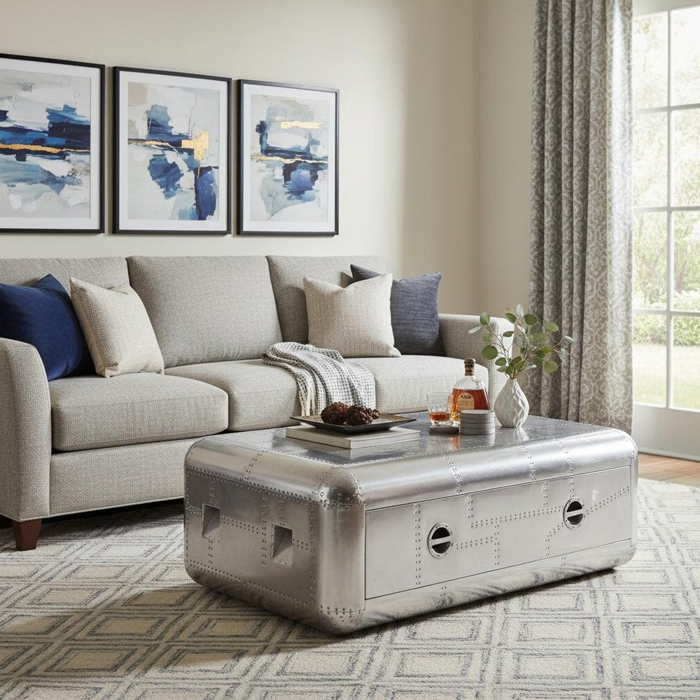 52" Silver Aluminum Solid Coffee Table With Drawer
