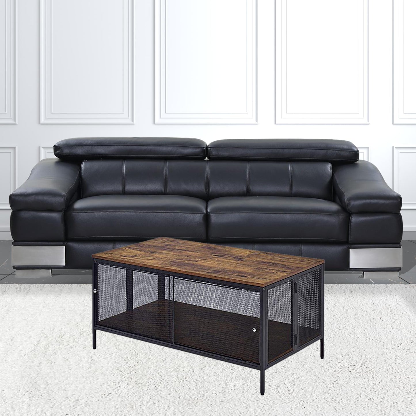 41" Brown and Black Wood And Metal Frame Coffee Table With Shelf