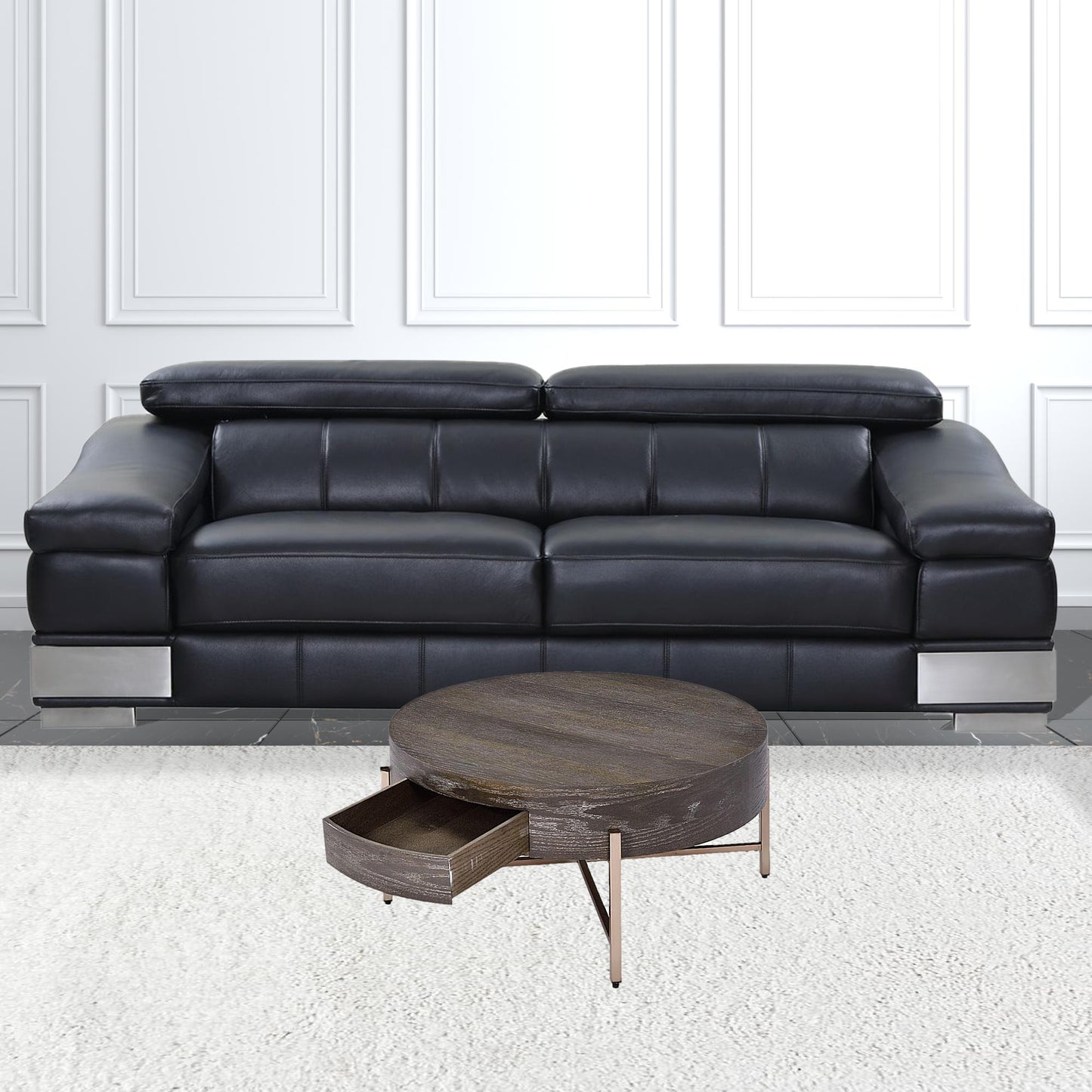32" Dark Brown and Champagne Wood And Metal Round Sled Coffee Table With Drawer