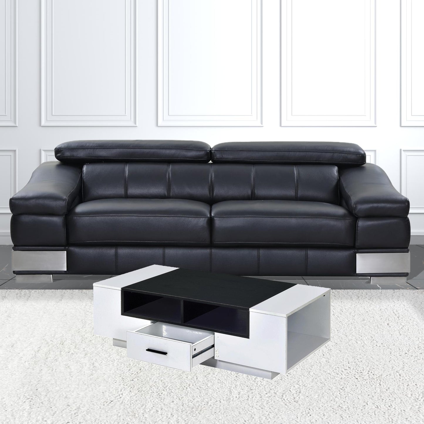 47" Black and White Wood Floor Shelf Coffee Table With Drawer And Three Shelves