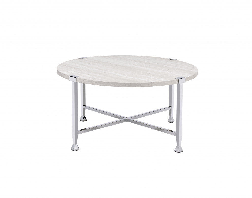 36" White and Silver Metal Round Cross Legs Coffee Table