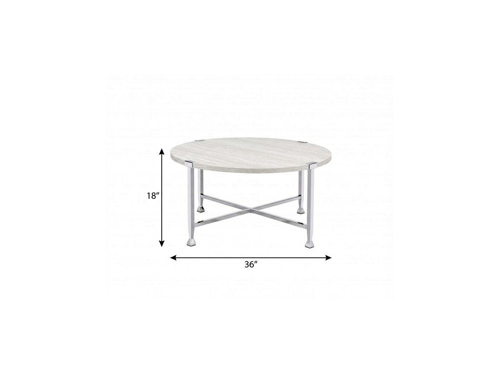 36" White and Silver Metal Round Cross Legs Coffee Table
