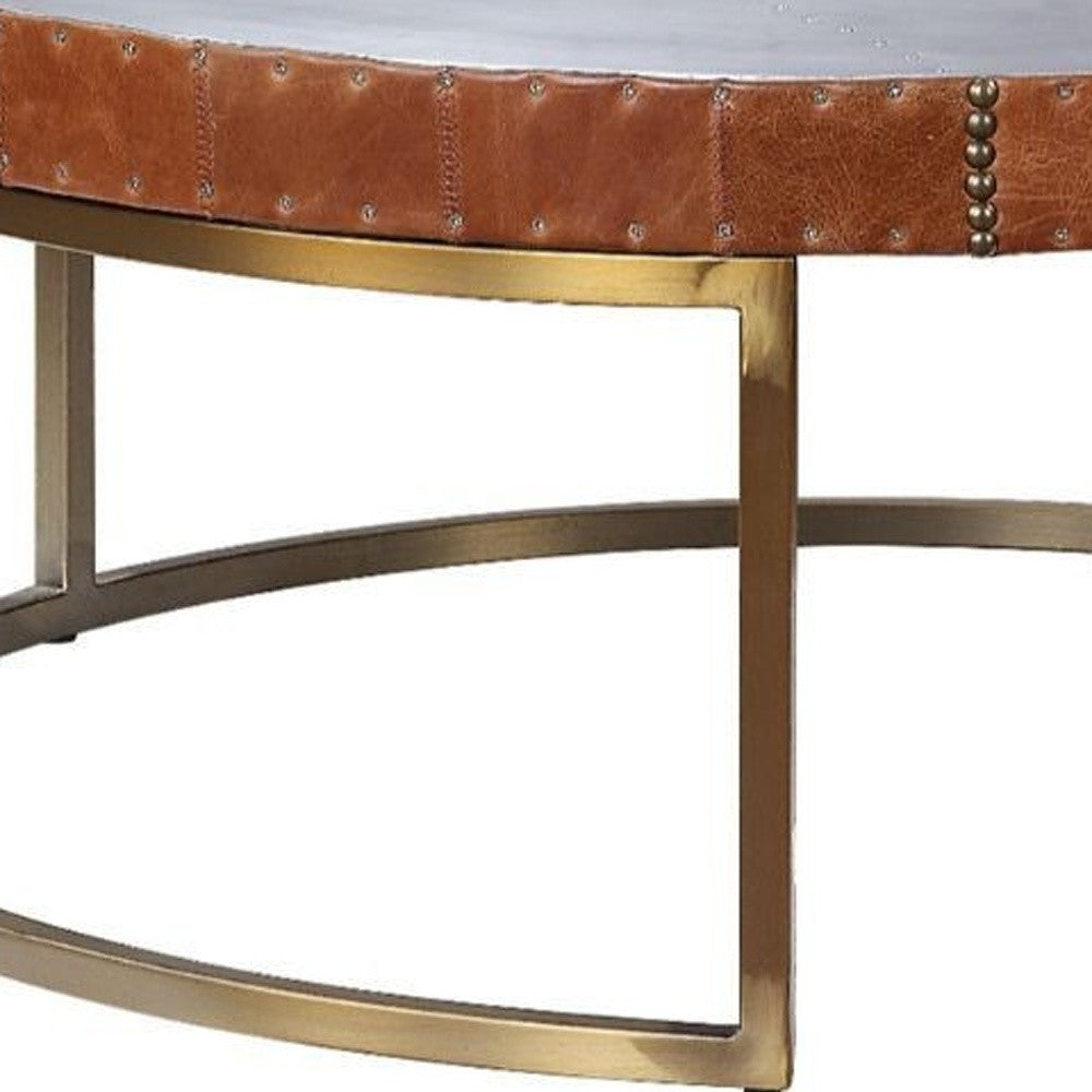 36" Brown and Silver Genuine Leather And Metal Round Frame Coffee Table