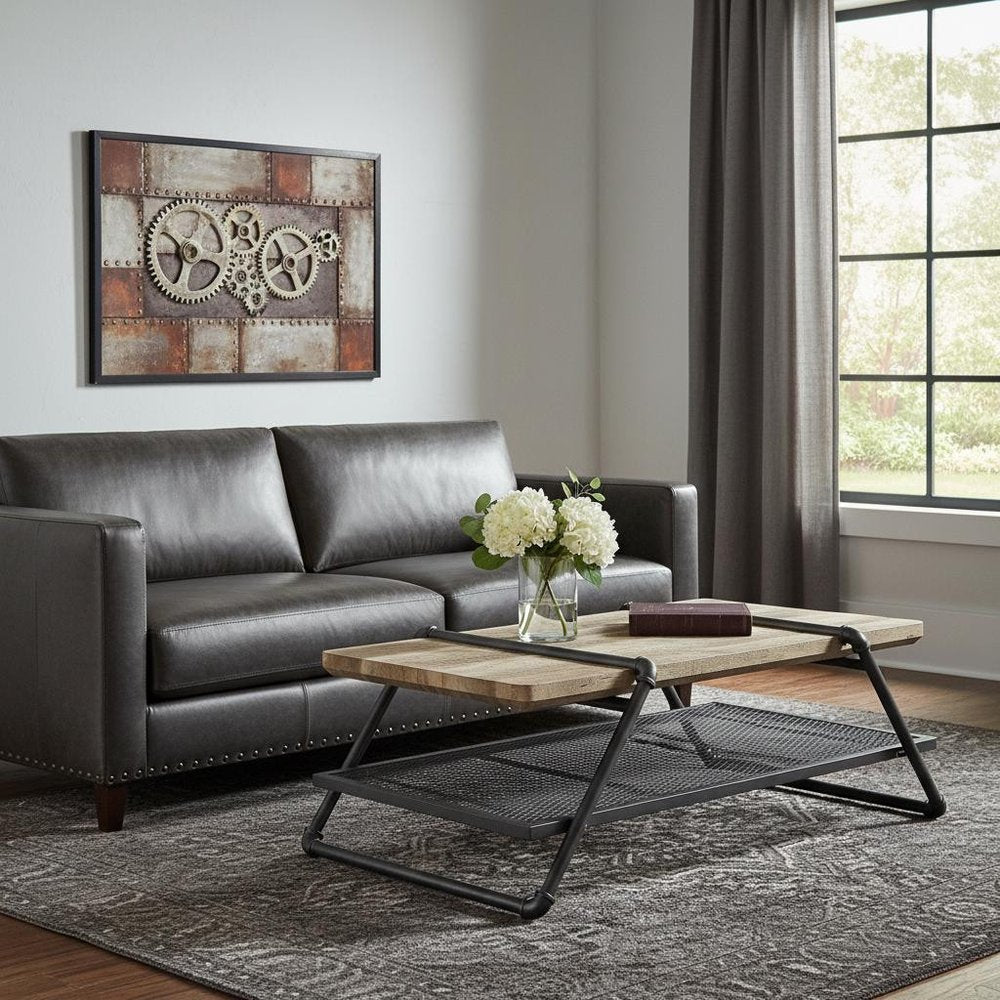 47" Natural and Gray Metal Sled Coffee Table With Shelf