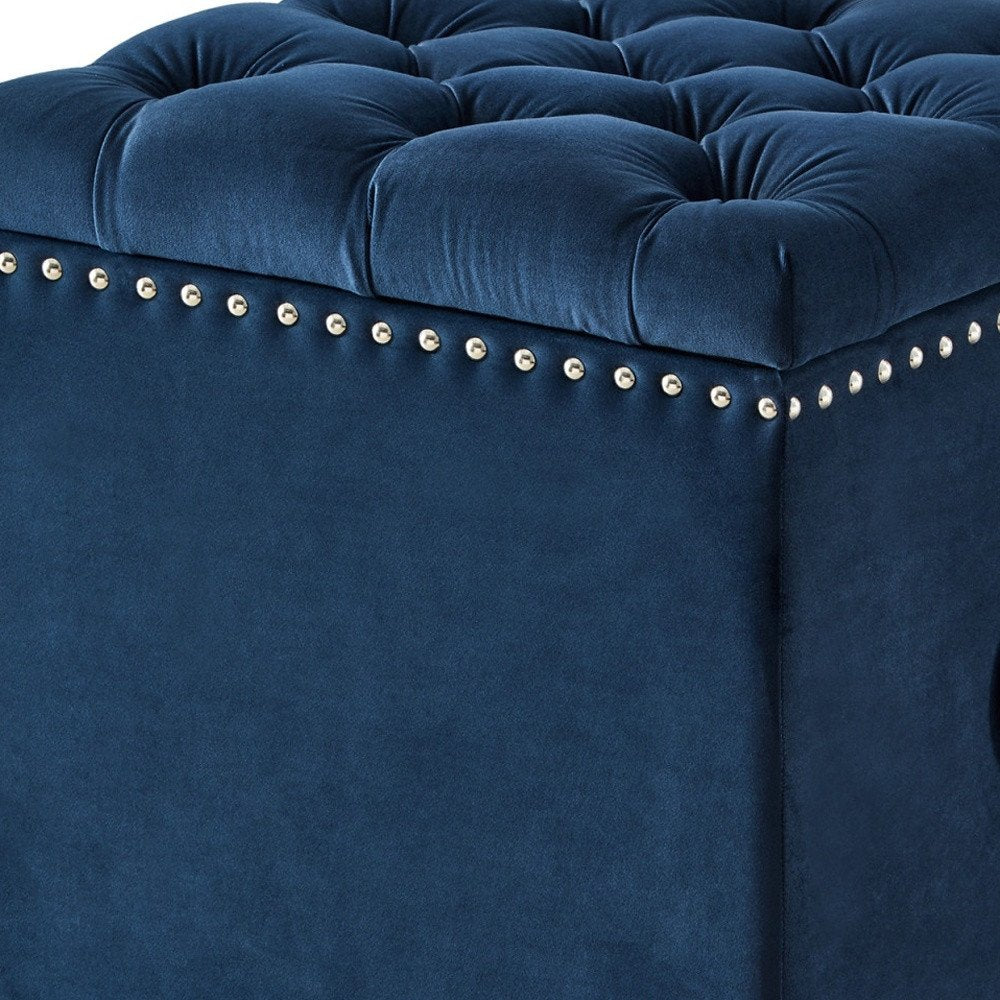 18" Navy Blue Velvet And Black Tufted Storage