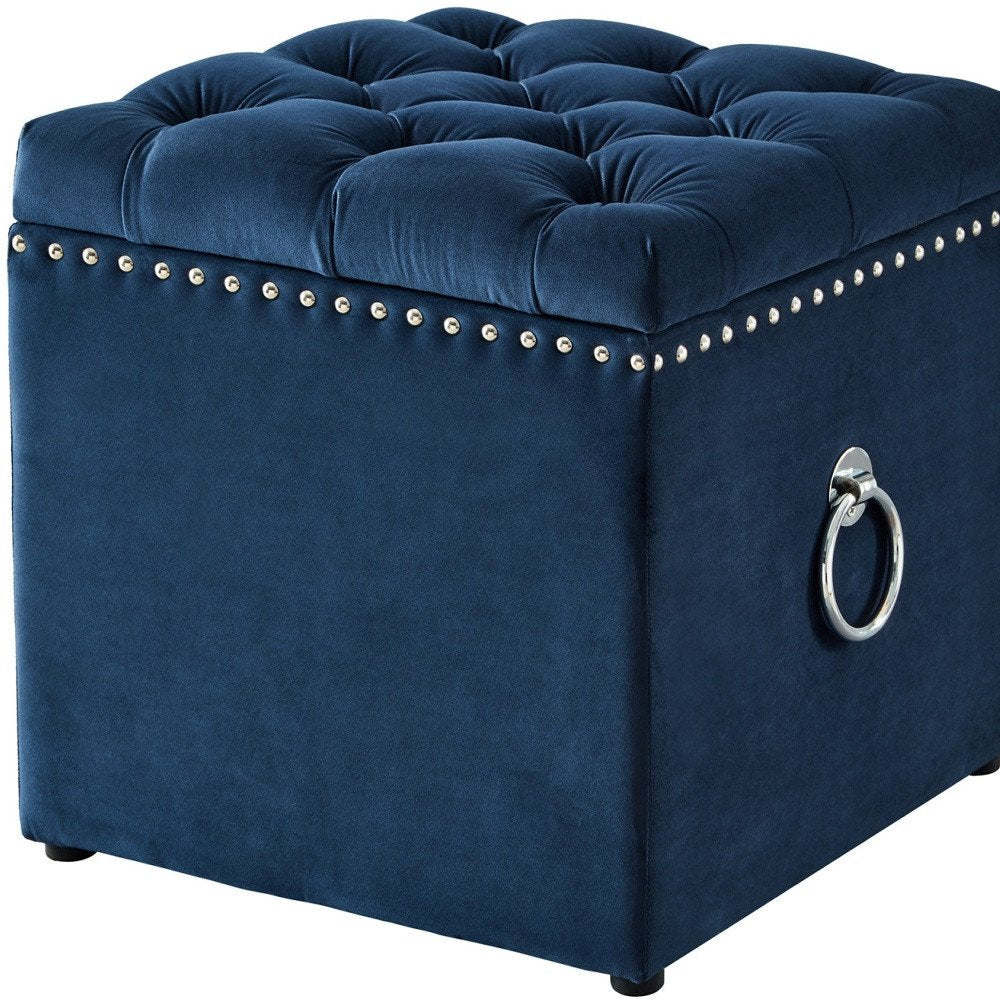 18" Navy Blue Velvet And Black Tufted Storage