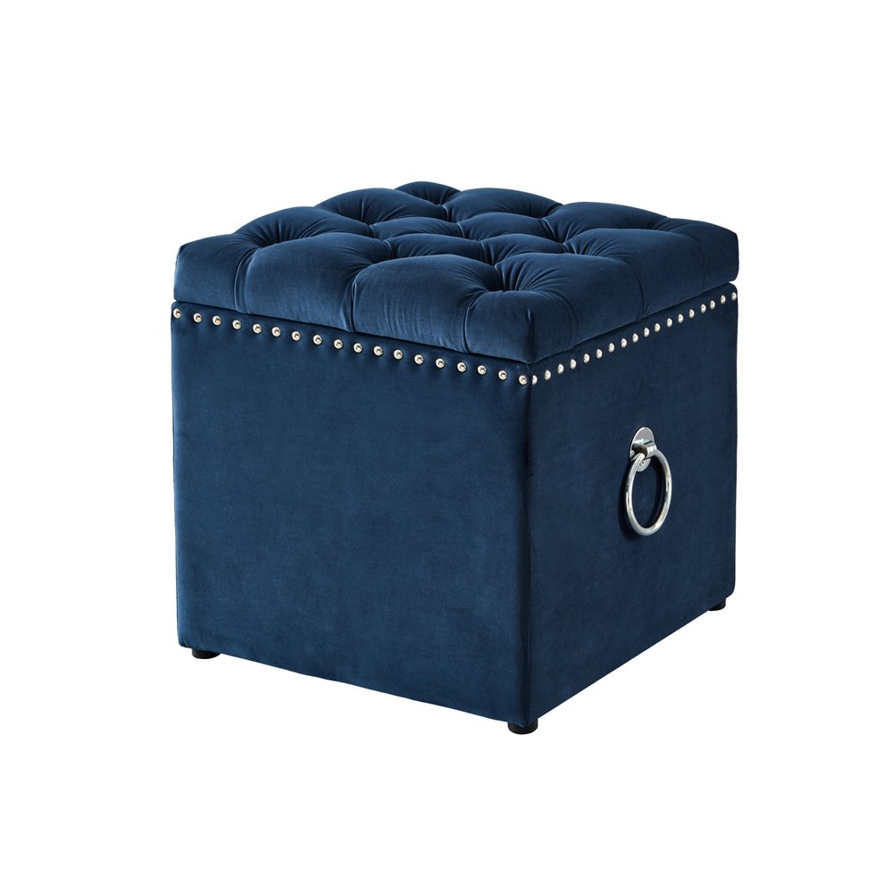 18" Navy Blue Velvet And Black Tufted Storage