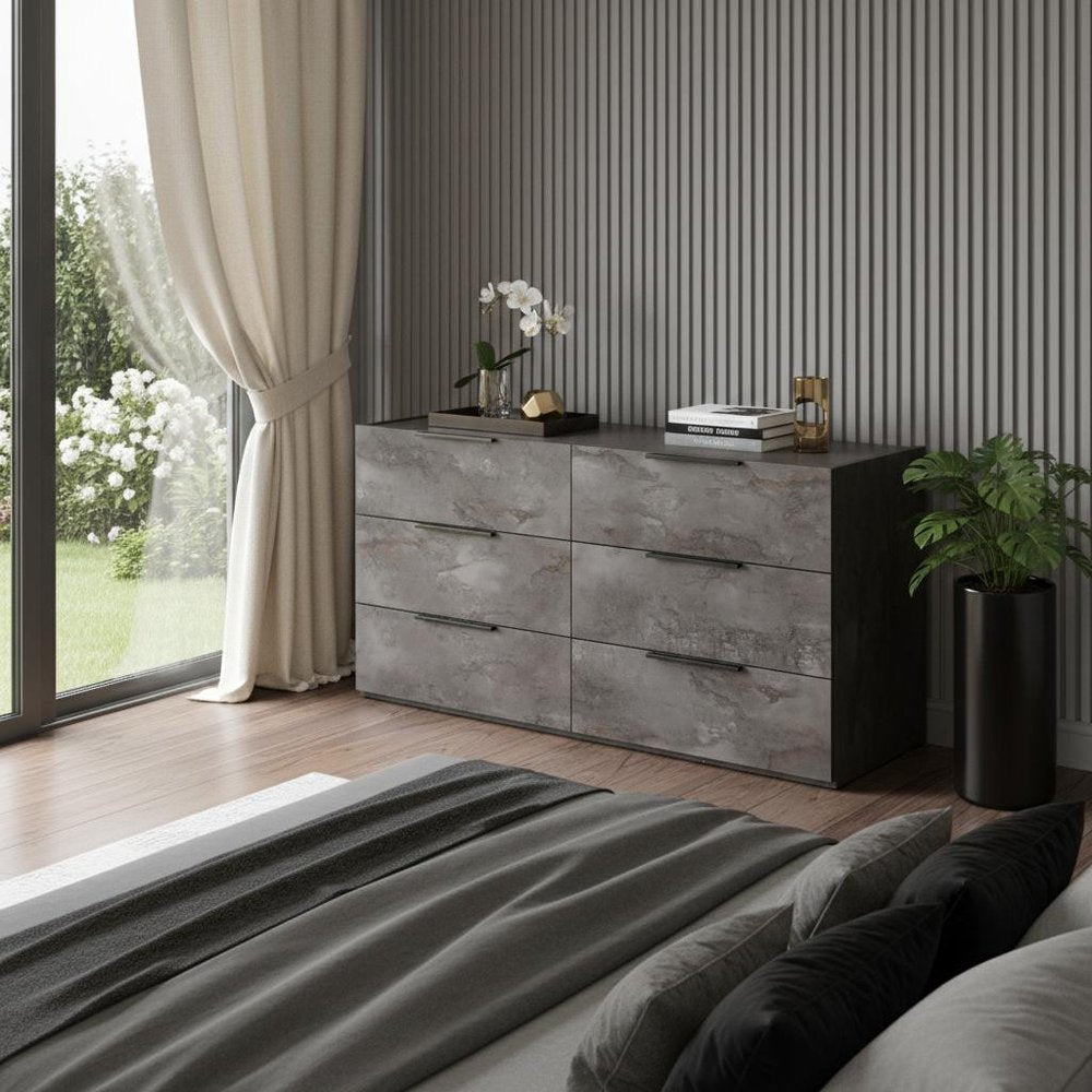 61" Grey Faux Marble Solid Manufactured Wood Six Drawer Double Dresser