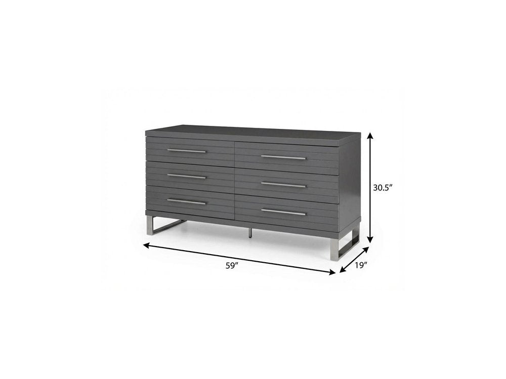 59" Grey Solid And Manufactured Wood Six Drawer Dresser
