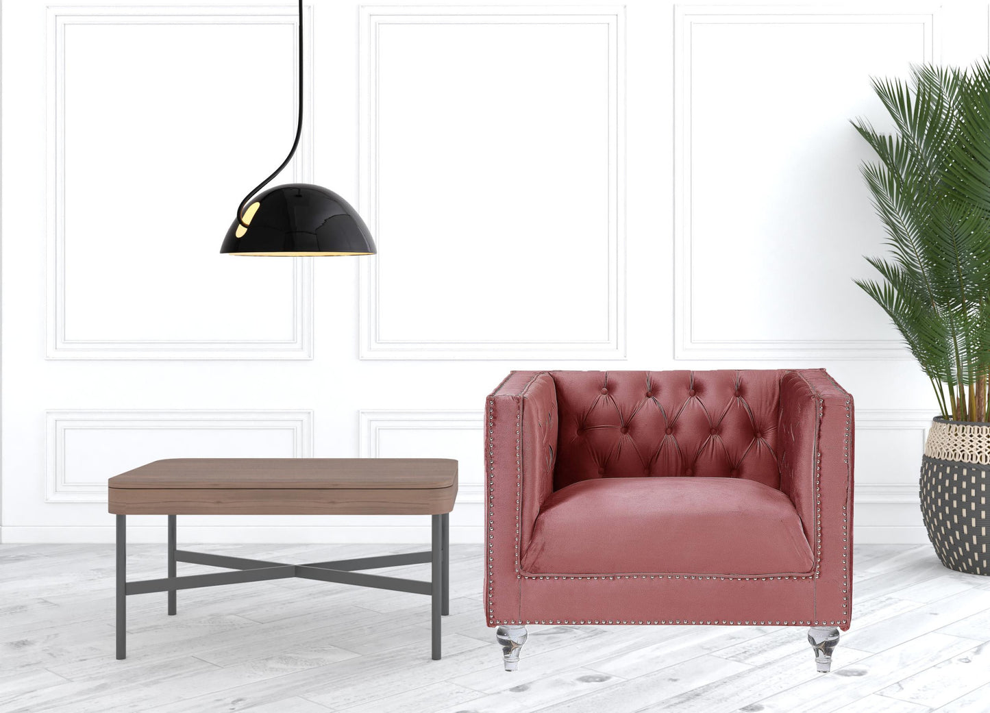 39" Pink and Black Velvet Tufted Arm Chair