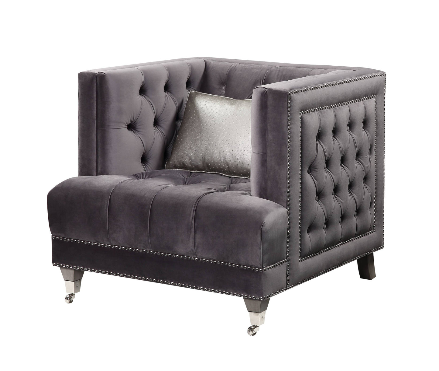 38" Gray and Black Velvet Tufted Arm Chair And Toss Pillow