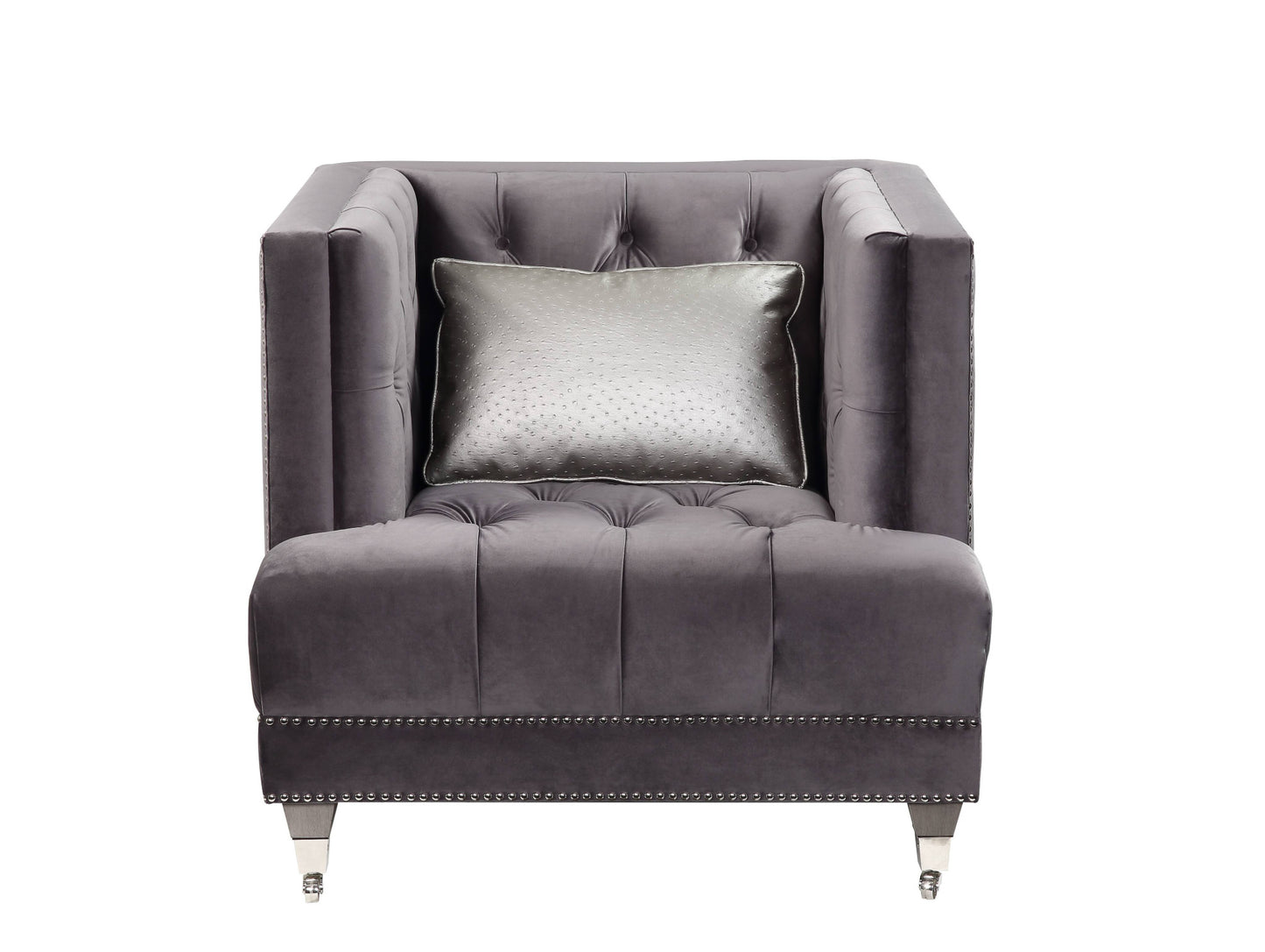 38" Gray and Black Velvet Tufted Arm Chair And Toss Pillow