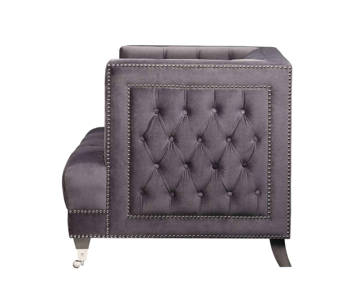 38" Gray and Black Velvet Tufted Arm Chair And Toss Pillow