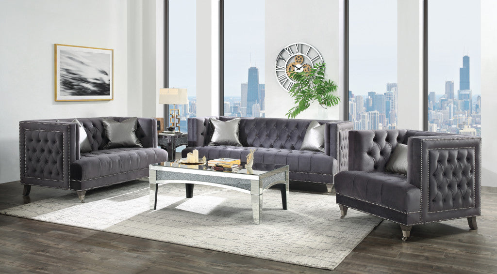 38" Gray and Black Velvet Tufted Arm Chair And Toss Pillow