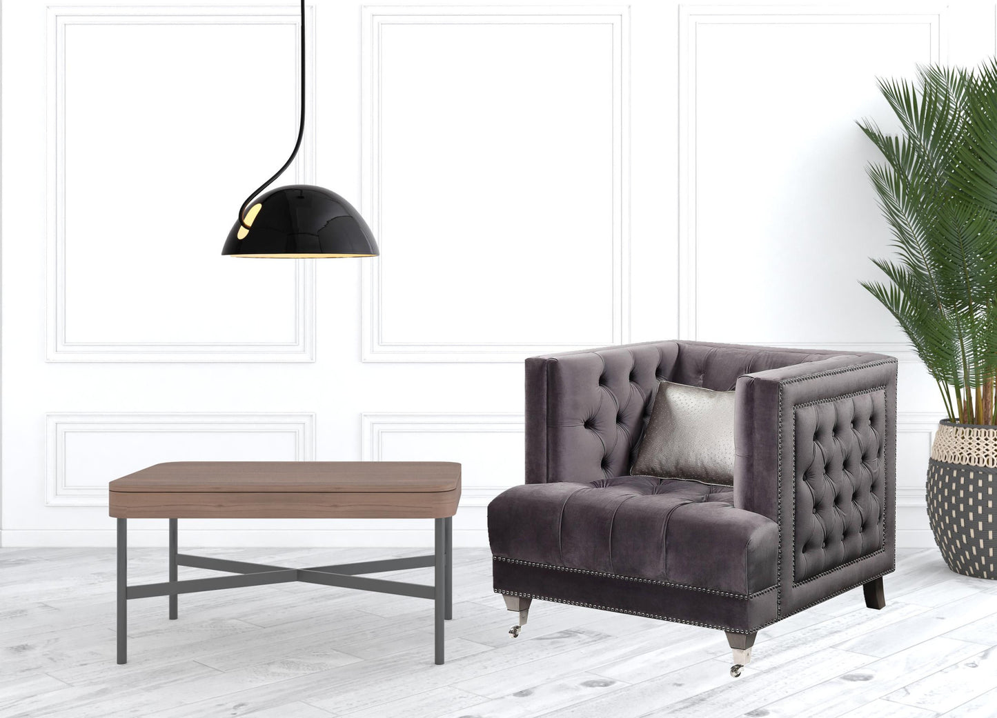 38" Gray and Black Velvet Tufted Arm Chair And Toss Pillow