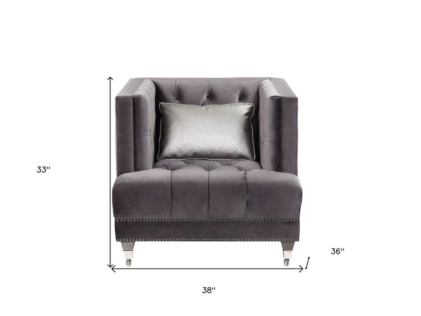 38" Gray and Black Velvet Tufted Arm Chair And Toss Pillow