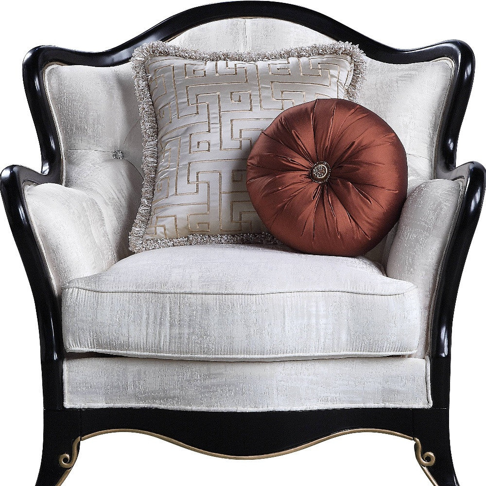 43" Beige and Black Fabric Tufted Arm Chair And Toss Pillows