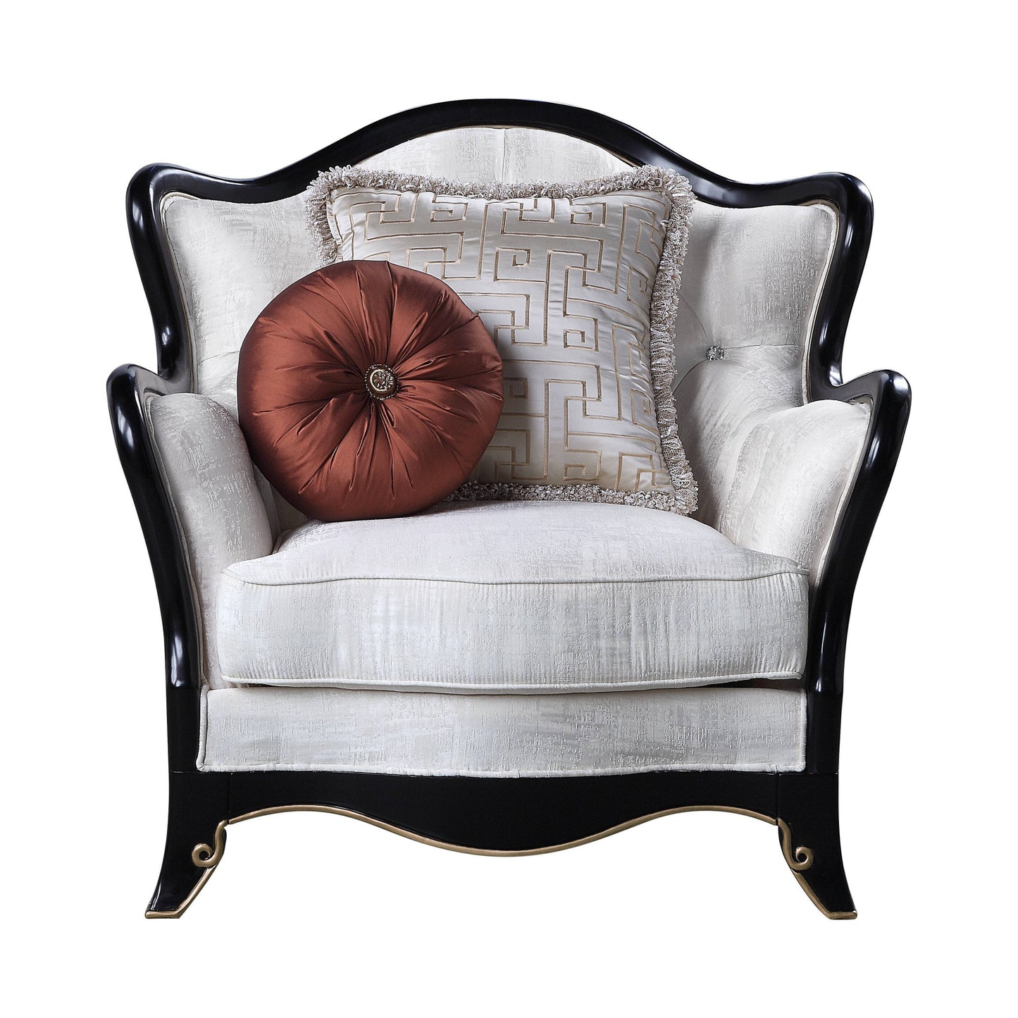 43" Beige and Black Fabric Tufted Arm Chair And Toss Pillows