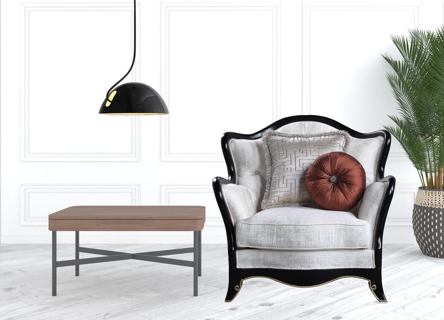 43" Beige and Black Fabric Tufted Arm Chair And Toss Pillows
