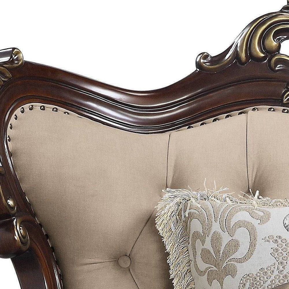 48" Beige and Brown Linen Floral Arm Chair And Toss Pillows