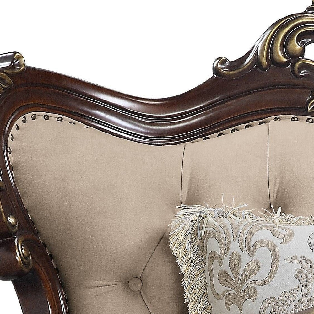 48" Beige and Brown Linen Floral Arm Chair And Toss Pillows
