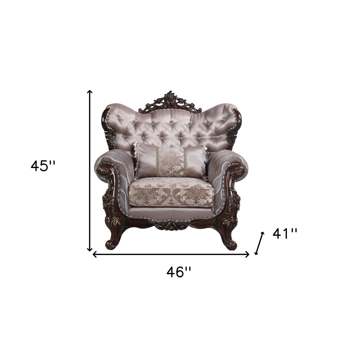 46" Light Gray and Brown Fabric Floral Tufted Arm Chair And Toss Pillow