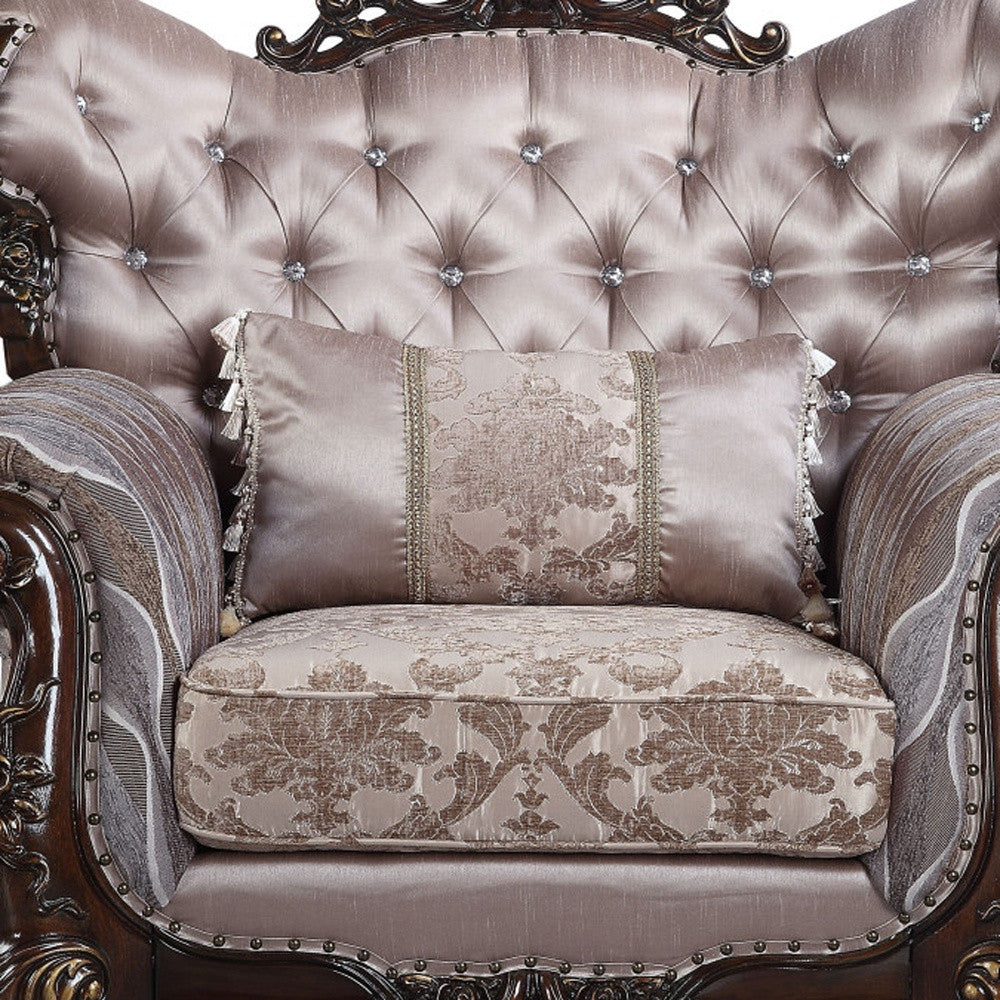 46" Light Gray and Brown Fabric Floral Tufted Arm Chair And Toss Pillow