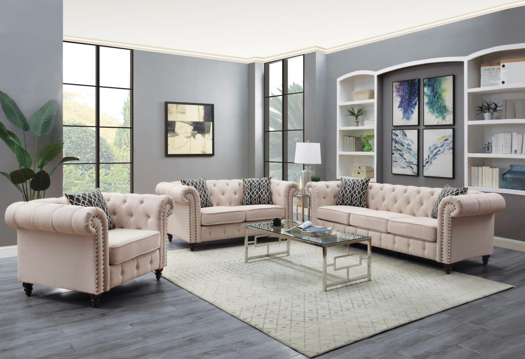 45" Beige and Black Linen Tufted Chesterfield Chair And Toss Pillow