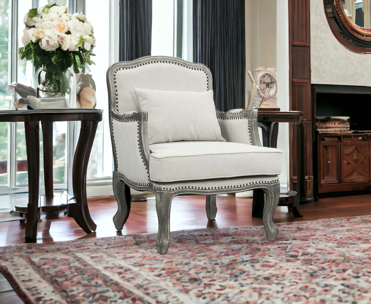 29" Cream and Brown Linen Arm Chair And Toss Pillow