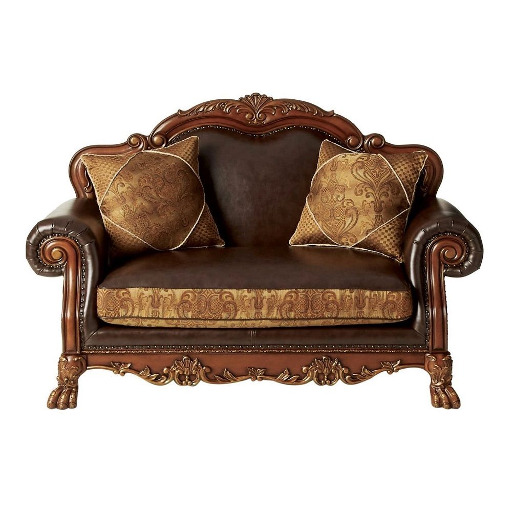 46" Brown and Cherry Blossom Pink Faux Leather Floral Tufted Arm Chair And Toss Pillow
