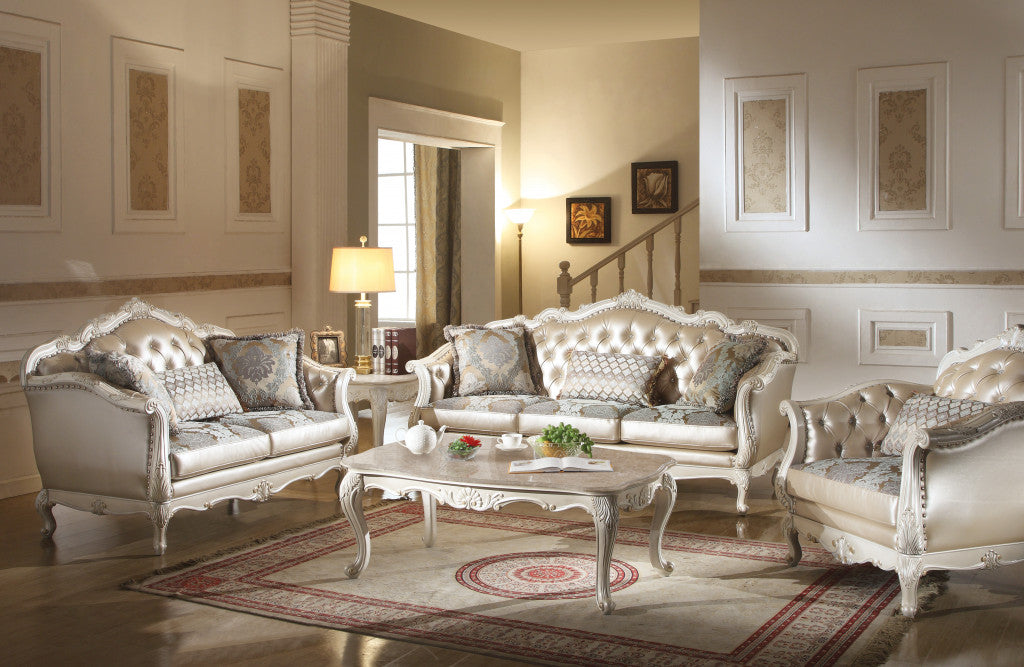 40" Beige and White Faux Leather Tufted Arm Chair And Toss Pillow