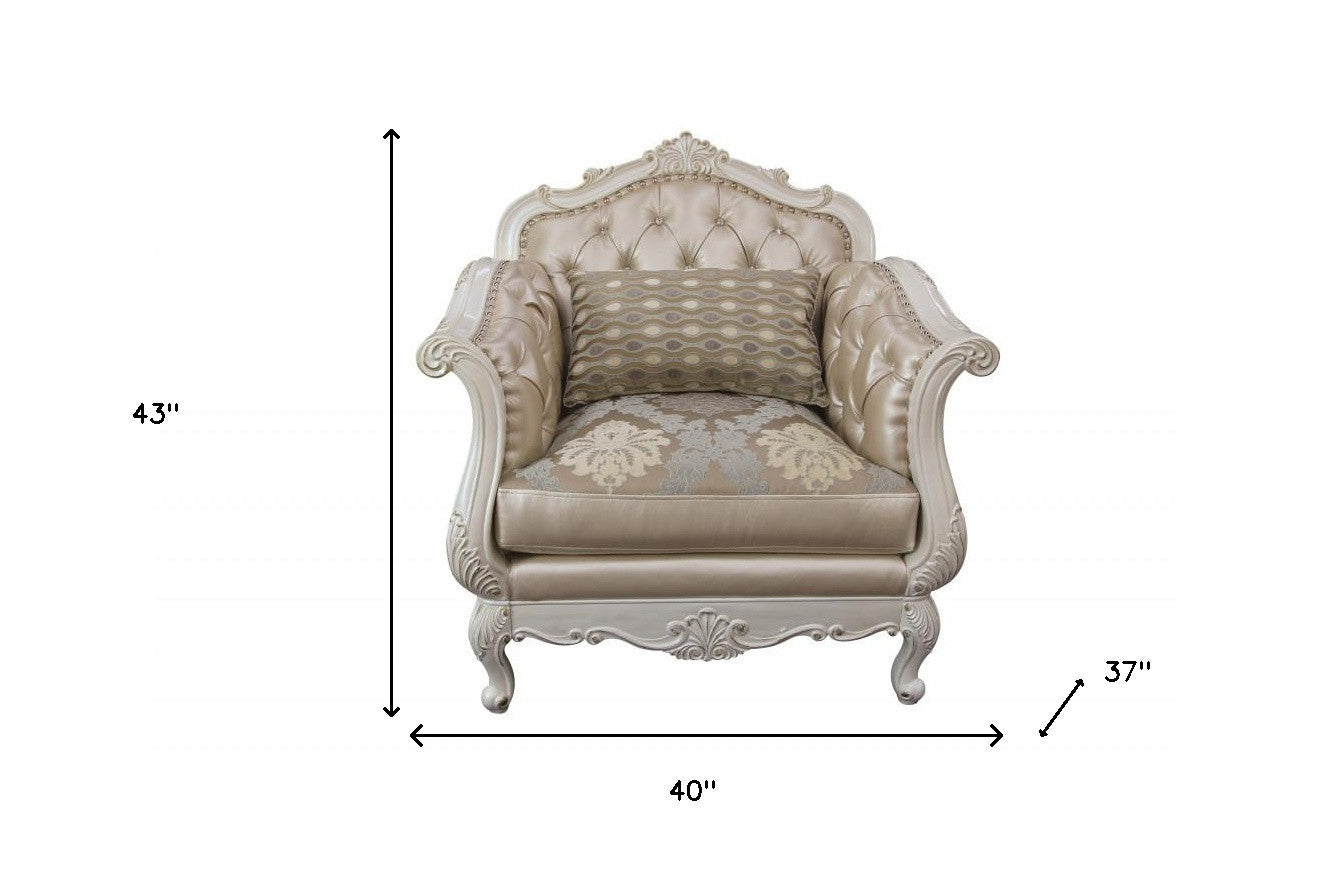 40" Beige and White Faux Leather Tufted Arm Chair And Toss Pillow