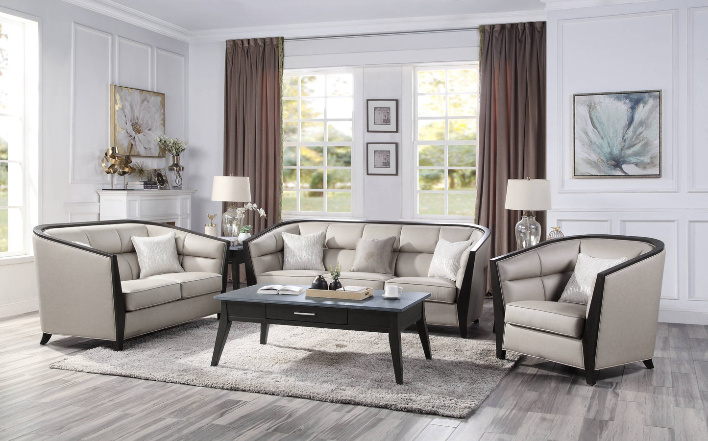 38" Beige and Black Fabric Barrel Chair And Toss Pillow