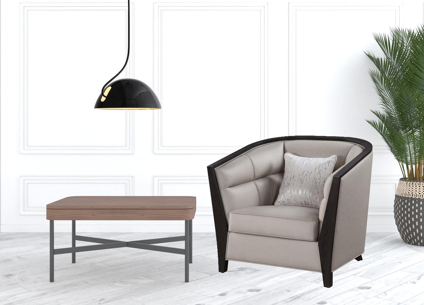 38" Beige and Black Fabric Barrel Chair And Toss Pillow