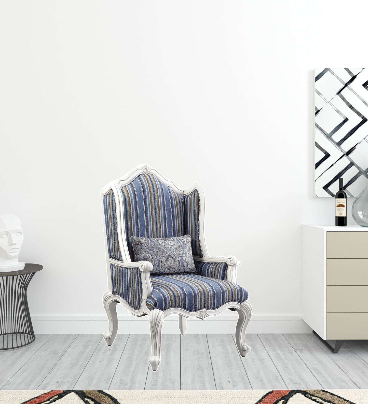 31" Blue and White Fabric Striped Wingback Chair And Toss Pillow