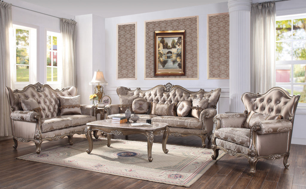 45" Champagne Fabric Floral Tufted Arm Chair And Toss Pillow