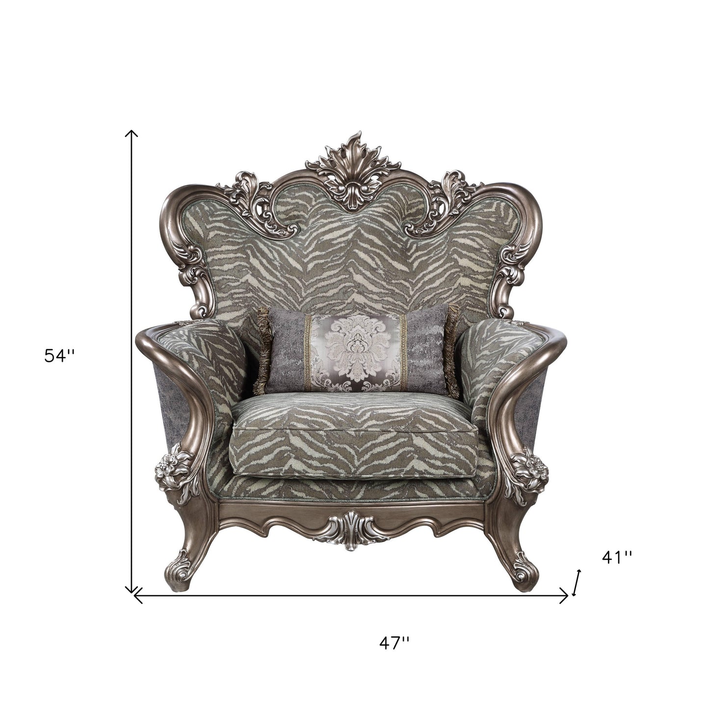 47" Gray and Antiqued Bronze Fabric Floral Tufted Wingback Chair And Toss Pillow