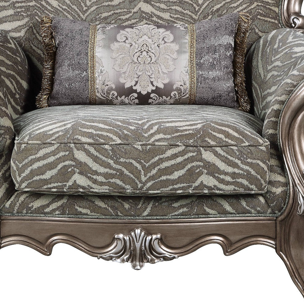 47" Gray and Antiqued Bronze Fabric Floral Tufted Wingback Chair And Toss Pillow